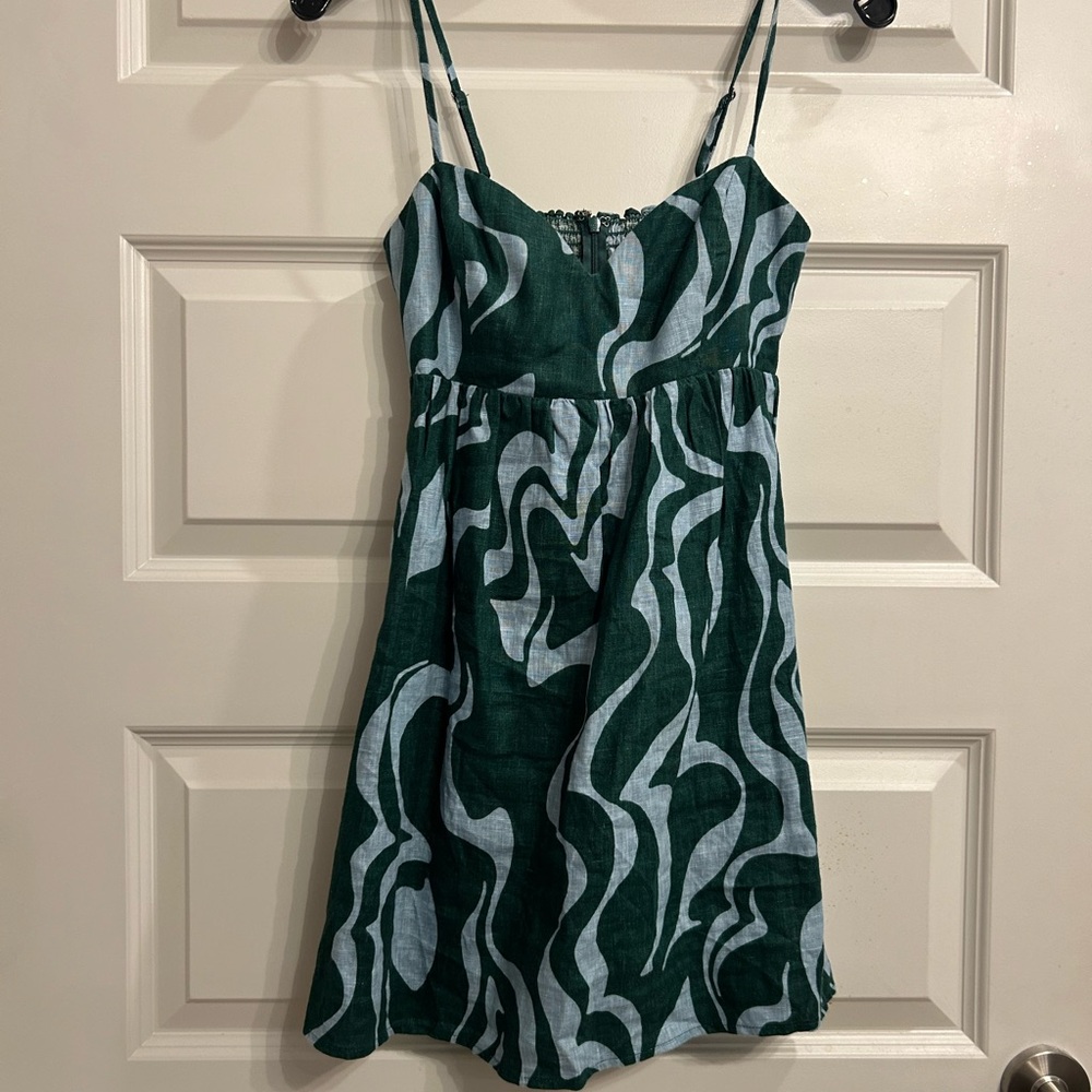 Reformation Martin Linen Dress blue green swirl